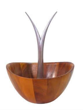 NAMBE FRUIT TREE BOWL. WOODED BASE. METALLIC SILVER BRANCH. FRUIT HOLDER HANG